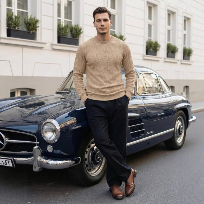 Roven & Hart Cable-Knit Crewneck in camel